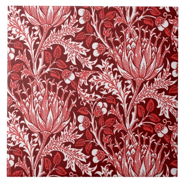 Azulejo Damasco de William Morris, rojo oscuro y blanco (Frente)