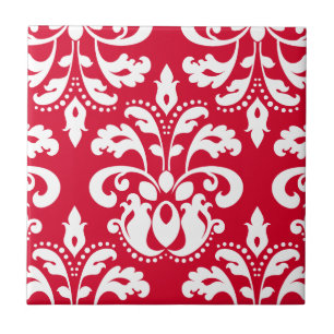 Azulejo Damasco elegante rojo y blanco del navidad