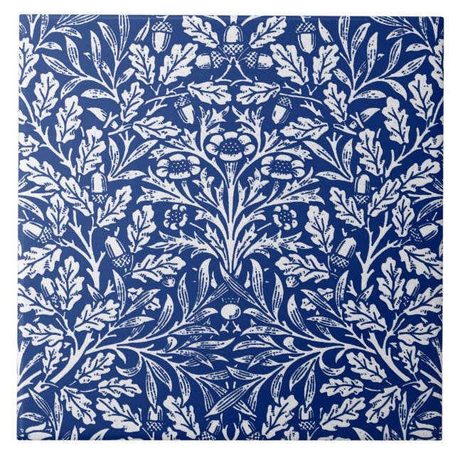 Azulejo Damasco floral Art Nouveau, azul cobalto y blanco  (Frente)