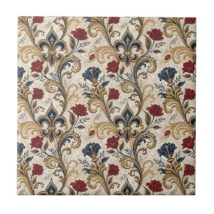 Azulejo Damasco Floral Barroco de Oro con Flor de Lis y Ro