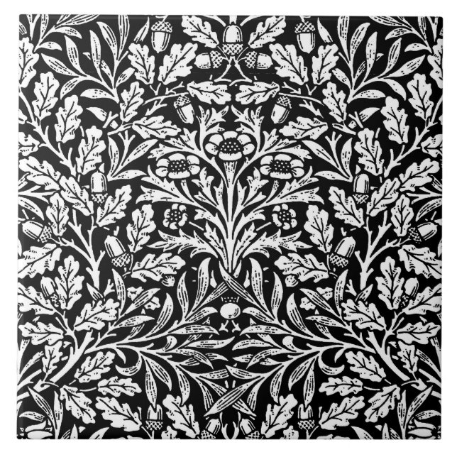 Azulejo Damasco floral de Art Nouveau, negro y blanco (Frente)