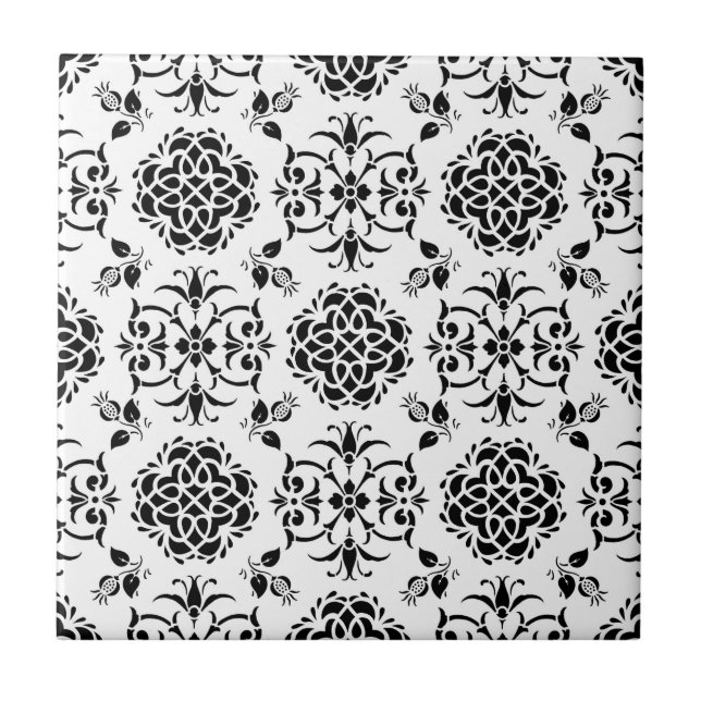 Azulejo Damasco floral de estilo blanco y negro (Frente)