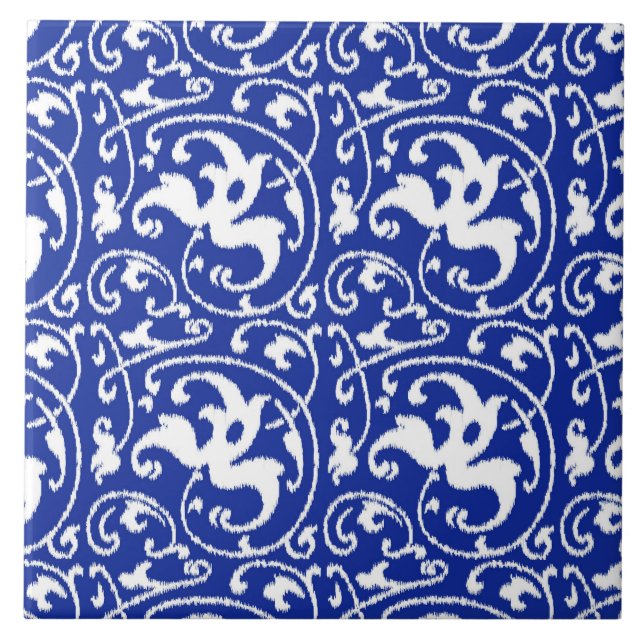 Azulejo Damasco floral de Ikat - azul y blanco de cobalto (Frente)