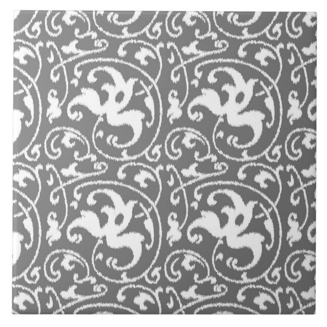 Azulejo Damasco floral de Ikat - gris / gris y blanco (Frente)