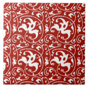 Azulejo Damasco floral Ikat - Blanco y rojo oscuro