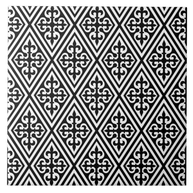Azulejo Damasco medieval cruzado - Blanco y negro (Frente)