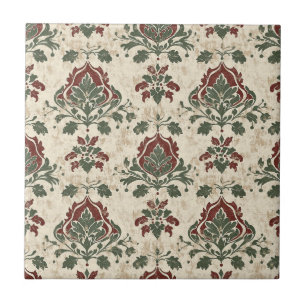 Azulejo Damasco Ornamental Rojo Verde Textura Vintage