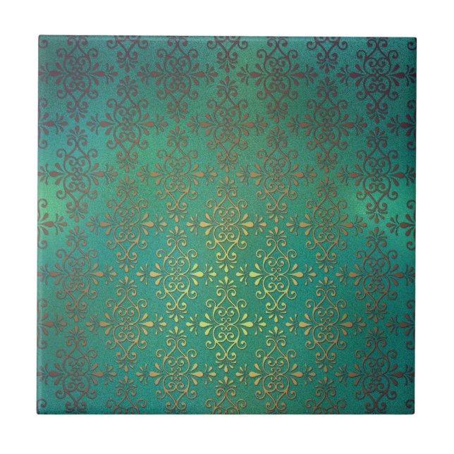 Azulejo Damasco Verde y Dorado Elegante (Frente)