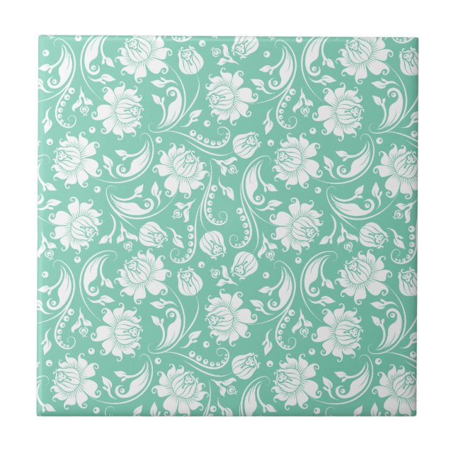 Azulejo Damascos florales blancos y mint-verdes (Frente)