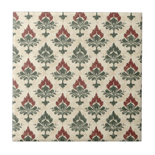 Azulejo Damask Vintage Texturizado Rojo Verde Beige