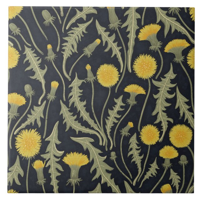 Azulejo Dandelions, verde, amarillo y negro (Frente)