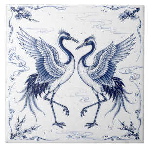 Azulejo Danza de grullas Estilo Imari japonés azul y blanc