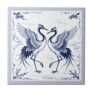 Azulejo Danza de grullas Estilo Imari japonés azul y blanc