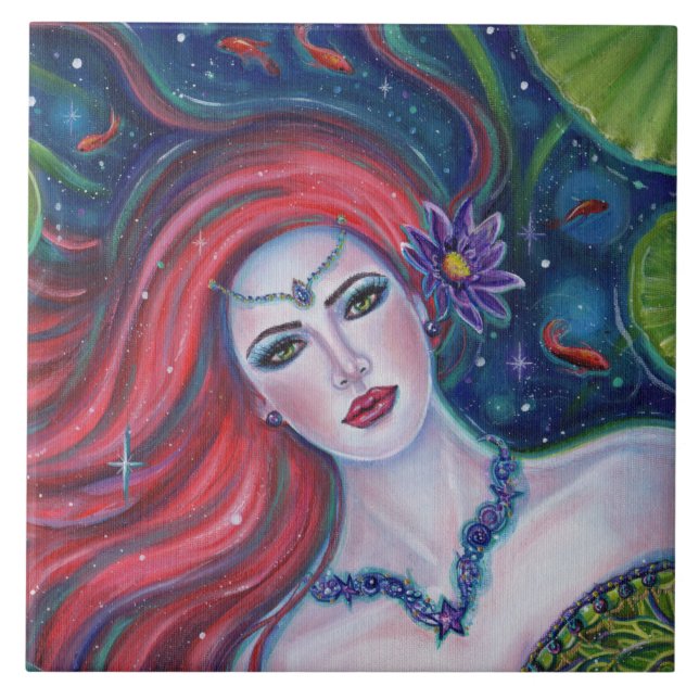 Azulejo Daphne mermaid con loto por Renee Lavoie (Frente)