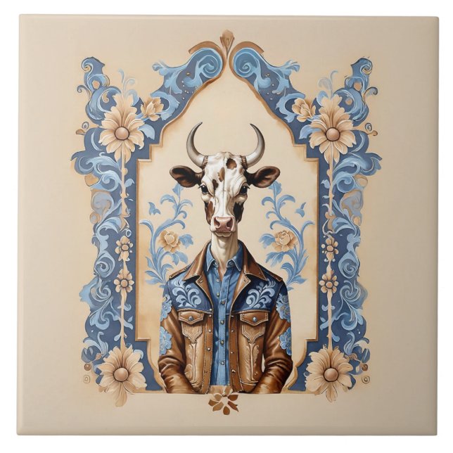 Azulejo Dapper Viejo y Salvaje Cowboy Funny Cow Art (Frente)
