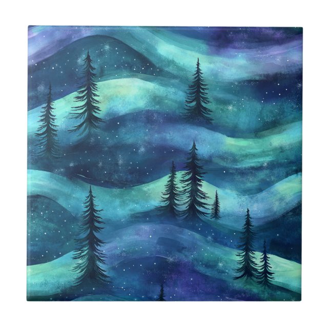 Azulejo Dark Aurora Borealis Night Forest (9) (Frente)