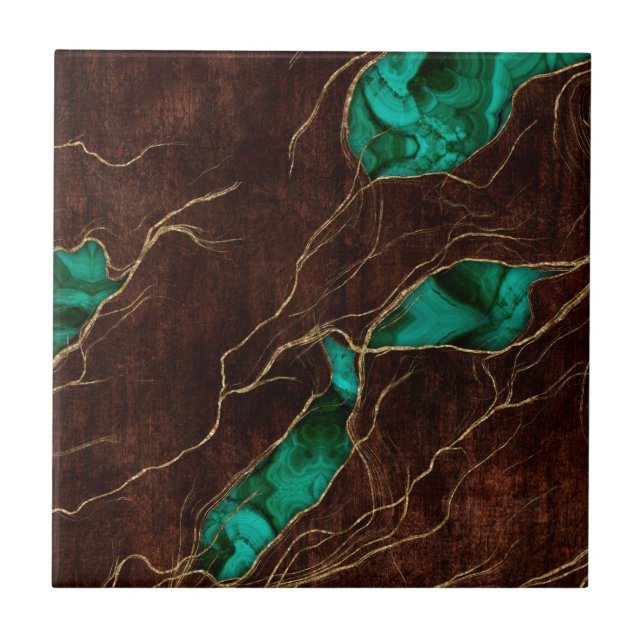 Azulejo Dark Brown Wood y Malachite Resumen Arte digital (Frente)