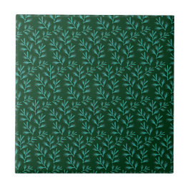 Azulejo  Dark Green Background with Teal Botanical Leaves