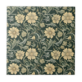 Azulejo Dark green stylized yellow flowers  pattern 