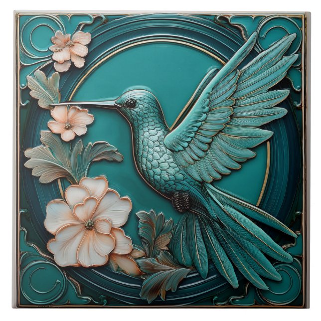 Azulejo Dark teal faux relief Art Nouveau Hummingbird L (Frente)