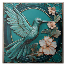 Azulejo Dark teal faux relief Art Nouveau Hummingbird R