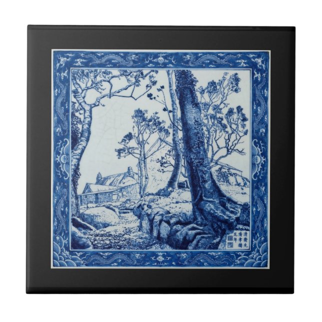 Azulejo de arte cerámico azul cobalto de pasos de  (Frente)