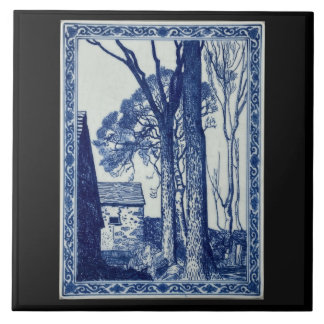Azulejo de arte cerámico azul cobalto de pueblo de