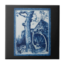 Azulejo de arte cerámico azul cobalto Watermill, C