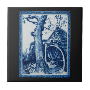 Azulejo de arte cerámico azul cobalto Watermill, C