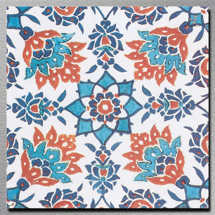 Azulejo de Arte Floral Vintage Azul Rojo Blanco