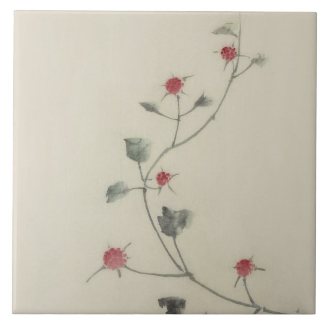 Azulejo De Cerámica 北 斎 florecimiento rojo en Bella Artes Vine Hokusai (Frente)