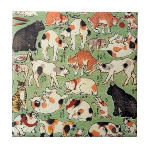 Azulejo De Cerámica 猫尽両めん合, gatos del 芳藤 de la era de Edo, Yoshifuji,