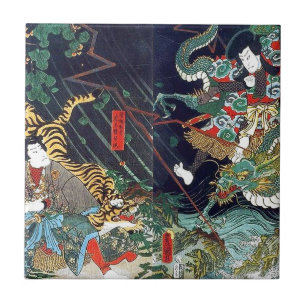 Azulejo De Cerámica 虎 龍, 豊 国 Dragón y Tigre, Toyokuni, Ukiyo-e