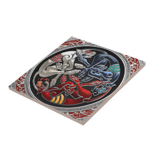 Azulejo De Cerámica [100] Tesoros celtas - Tres perros en plata