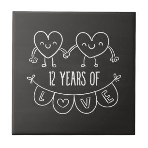 Azulejo De Cerámica 12° Aniversario Regalo Corazones de Chalk