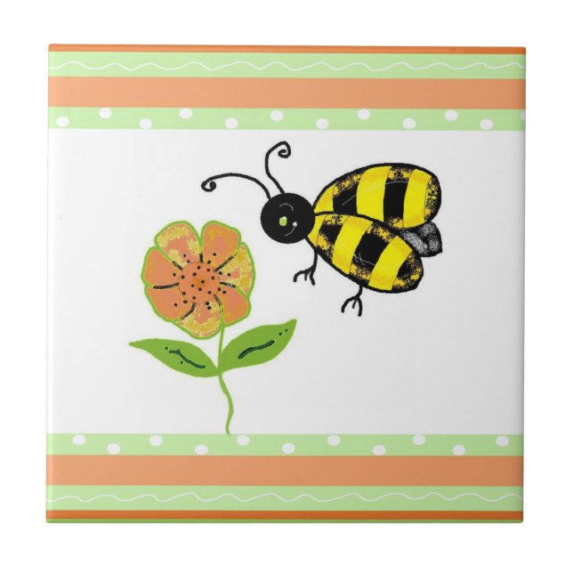Azulejo De Cerámica Abeja ocupada con flor Naranja (Frente)