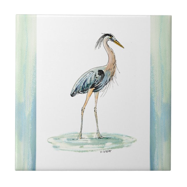 Azulejo De Cerámica Acuarela azul de la garza (Frente)