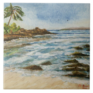 Azulejo De Cerámica Acuarela de la playa de Hawaii de la ensenada de