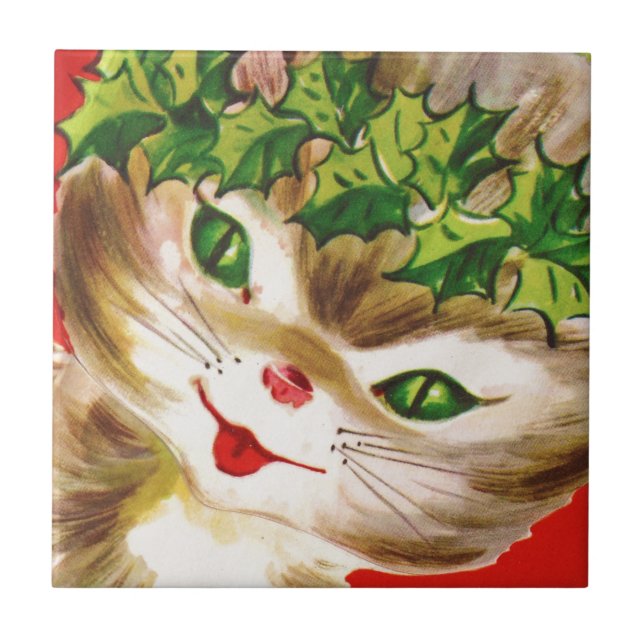 Azulejo De Cerámica adorable gatito vintage de Navidad (Frente)