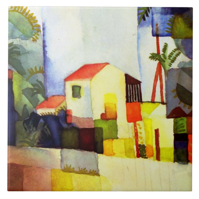 Azulejo De Cerámica Agosto Pintura de acuarela de Macke Bright House (Frente)