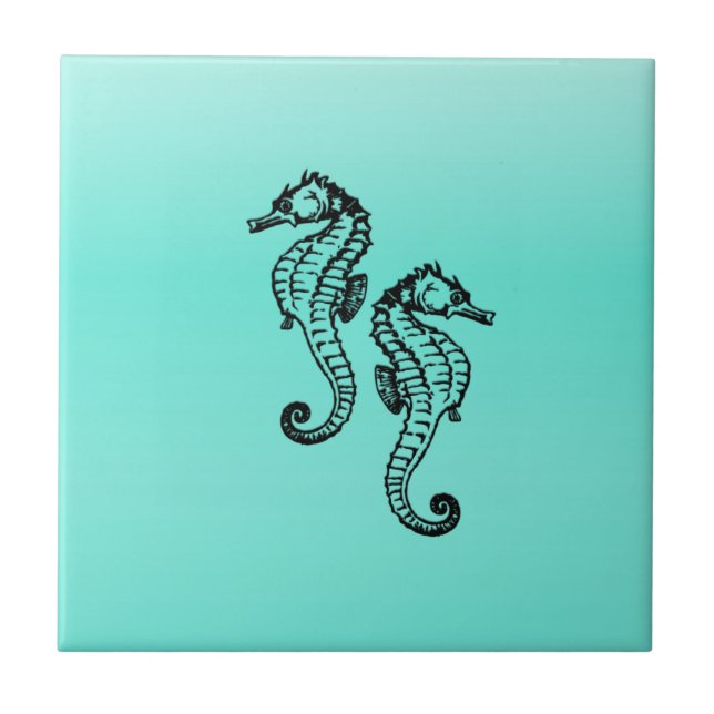 Azulejo De Cerámica Aguamarina de los Seahorses (Frente)