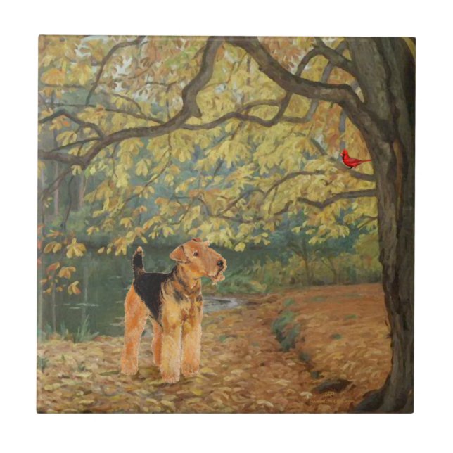 Azulejo De Cerámica Airedale Terrier Observando Aves (Frente)