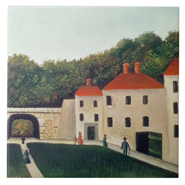 Azulejo De Cerámica Ajardine con un arco y tres Houses, 1907 (aceite (Frente)