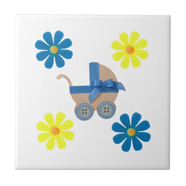 Azulejo De Cerámica Alarma de bebé de primavera, flores amarillas azul (Frente)