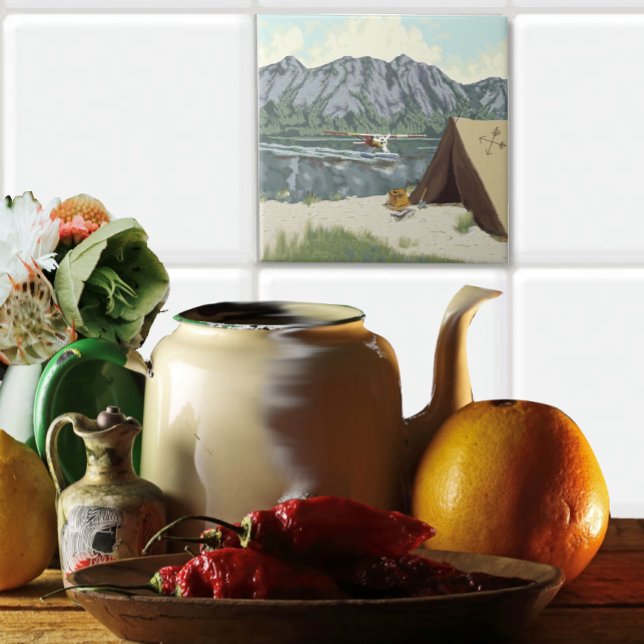 Azulejo De Cerámica Alaska Bush Plane Fishing Camp Lodge (Tile used in backsplash )