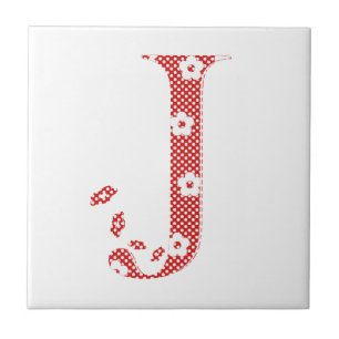 Azulejo De Cerámica alfabeto floral J (rojo y puntos)l