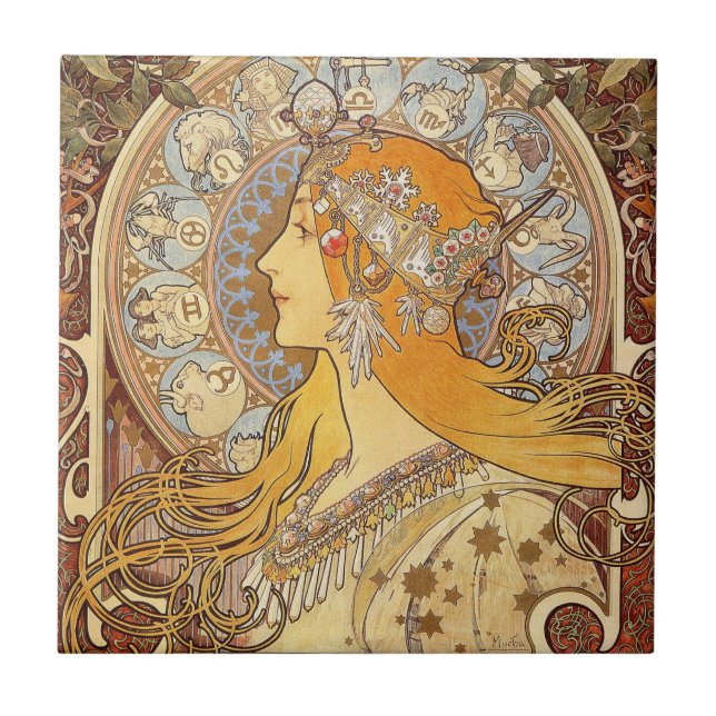 Azulejo De Cerámica Alfonse Mucha Zodiac Art Nouveau Mujer (Frente)
