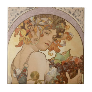 Azulejo De Cerámica Alphonse Mucha Frutas Art Nouveau Vintage Doncella
