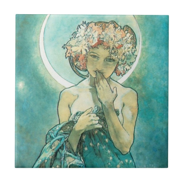 Azulejo De Cerámica Alphonse Mucha Moonlight Clair De Lune Art Nouveau (Frente)