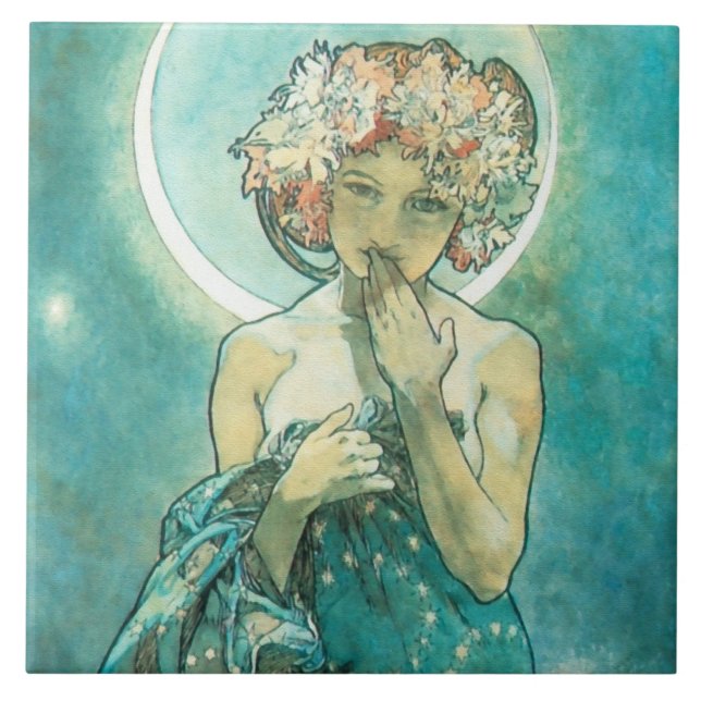 Azulejo De Cerámica Alphonse Mucha Moonlight Clair De Lune Art Nouveau (Frente)